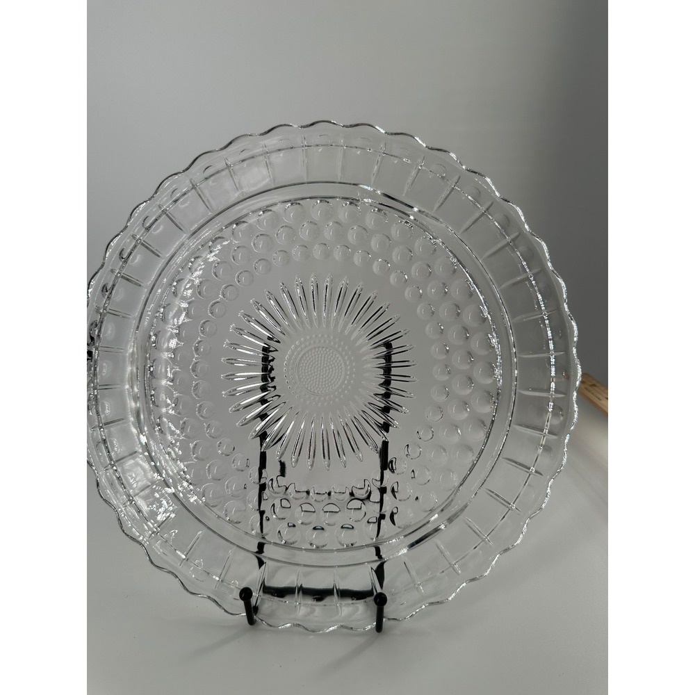 Vintage Clear Pressed Glass Scalloped Round Platter Sunburst Hobnail 12.5 Inch